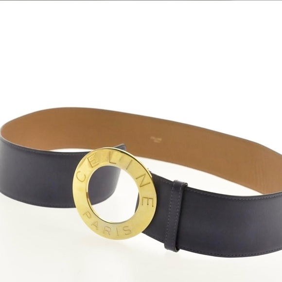 Vintage Celine Black Leather Belt with Gold Logo Circle Buckle size 70